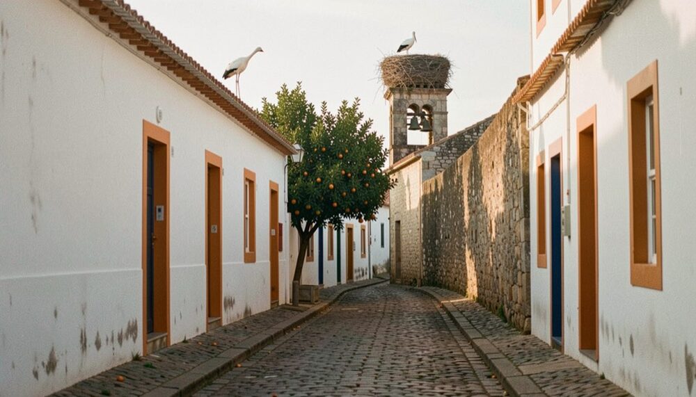 Rua empedrada de uma cidade velha do Algarve ao início da manhã, com casas caiadas e um ninho de cegonha no alto de uma torre