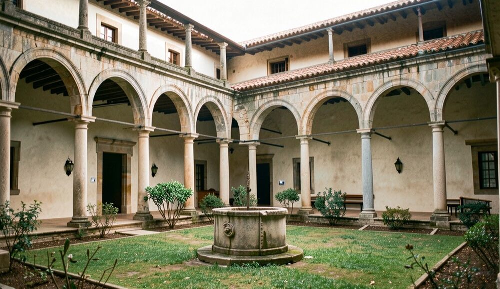 Claustro de arcadas de um antigo convento, com um poço de pedra ao centro e luz suave da manhã